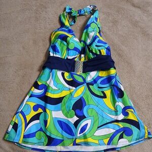 TARA GRINNA SWIM HALTER TANKINI TOP WOMEN'S SIZE 34 Navy Blue Green Yellow White